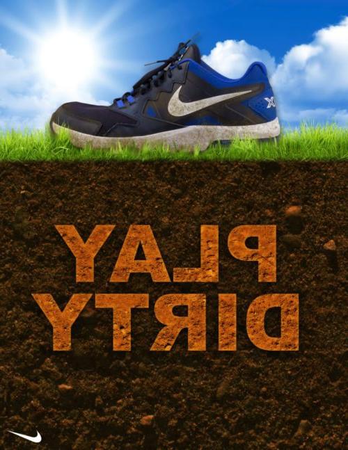 Tennis shoe on grass and dirt. The text in dirt says "PLAY DIRTY". The Nike check logo is visible in bottom right corner.